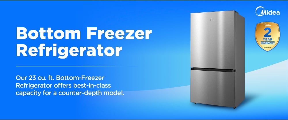 Midea stainless steel bottom-freezer refrigerator model MRB23D5AST on blue gradient background with white text highlighting 23 cubic feet capacity and 2-year warranty badge.