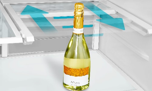 Champagne bottle on Midea refrigerator shelf with blue arrows illustrating multi-directional airflow circulation from Multi-Air Flow cooling system for even temperature distribution.