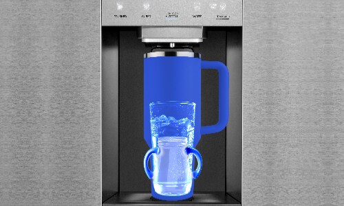 Midea refrigerator's tall external dispenser accommodating blue pitcher and sippy cup simultaneously, demonstrating spacious design with OneTouch AutoFill control panel above.