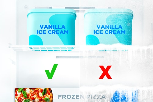 Split comparison showing proper freezer storage with green checkmark next to frost-free ice cream versus frosted-over pizza with red X, demonstrating Midea refrigerator's frost-free performance.