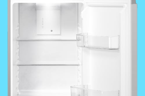 Interior view of Midea refrigerator's fresh food section showing white liner with multiple adjustable glass shelves and door storage bins.