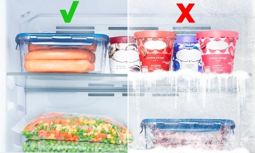 Split comparison showing proper frost-free freezer storage with green checkmark versus frosted-over freezer with red X, demonstrating Midea refrigerator's frost-free performance.