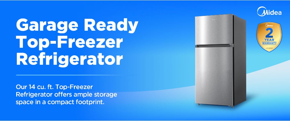 Midea stainless steel top-freezer refrigerator model MRT14D2BST on blue gradient background with white text highlighting garage-ready feature and 14 cubic feet capacity, with 2-year warranty badge.