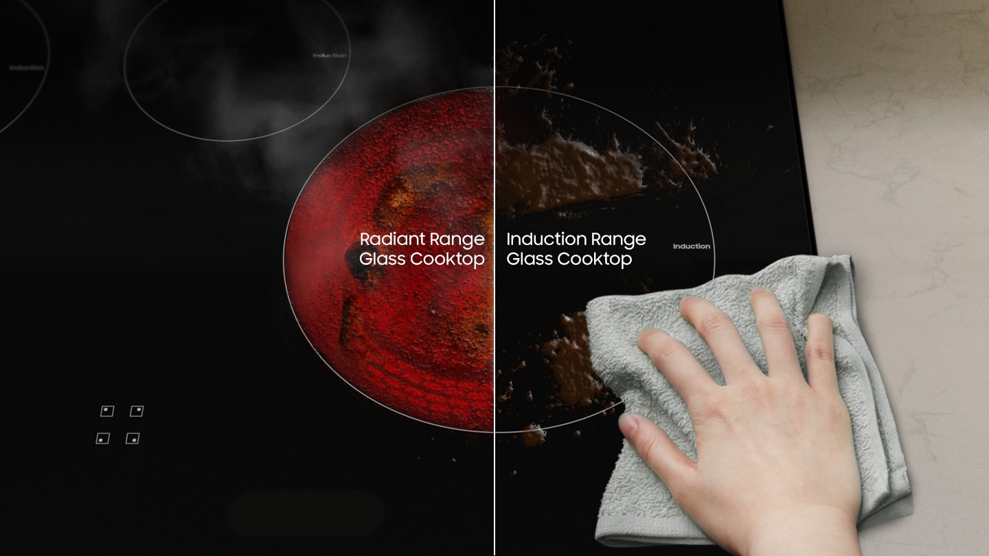 Split-screen comparison showing hand wiping Samsung range's smooth glass cooktop with cloth, demonstrating easy cleaning of radiant and induction cooking surfaces.