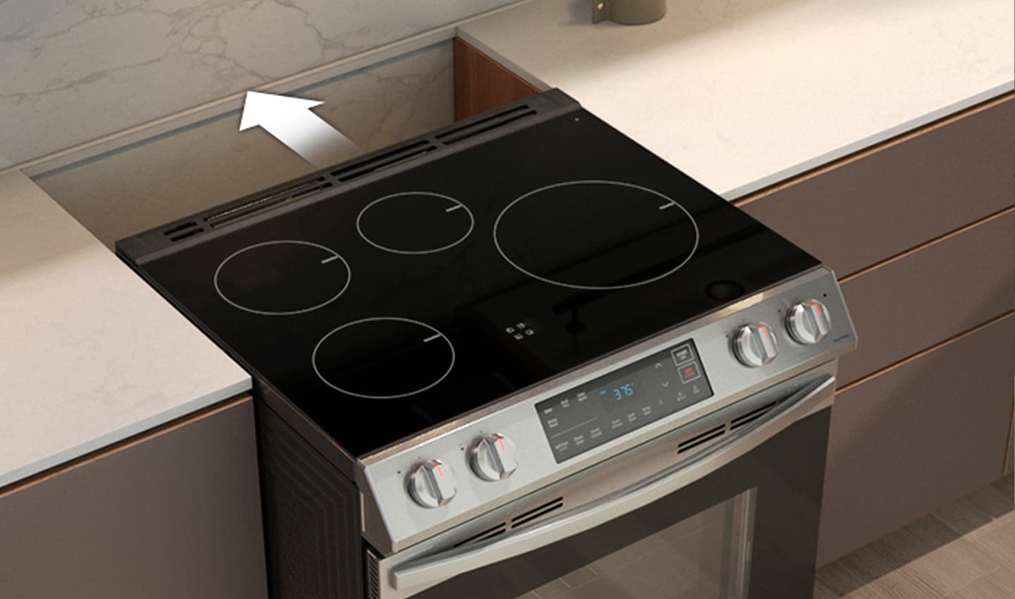 op-down view of Samsung NE63B8211SS stainless steel slide-in electric range with black glass cooktop featuring four cooking zones and digital control panel.