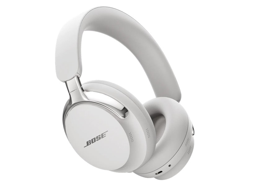 Bose QuietComfort Ultra Headphones 2nd Gen over-ear headphones, in white, with padded headband and cushioned ear cups, featuring the Bose logo on the earcup, shown in three-quarter view against white background.