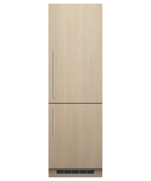 Fisher & Paykel RB2470BRV2 integrated column refrigerator with custom light wood grain panel doors, two sections with vertical handles on left side, bottom ventilation grille, designed for flush built-in installation.