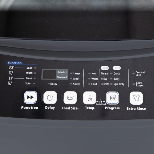 Close-up of Avanti STW20D2P top load washer control panel showing function selector with Soak, Wash, Rinse, and Spin options, plus buttons for Delay, Load Size (Large/Med/Small), Temperature (Hot/Warm/Cold), Program settings, and Extra Rinse.
