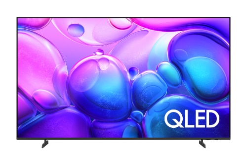 Front view of Samsung Q6F Series QLED TV displaying vibrant purple and blue abstract bubbles, highlighting its bright 4K Quantum Dot color and slim bezel design.