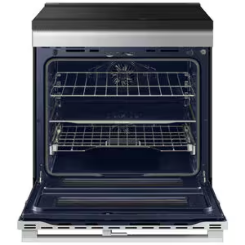 Front view of Samsung range lower oven cavity with door open, displaying spacious interior with multiple rack positions and blue porcelain enamel finish.