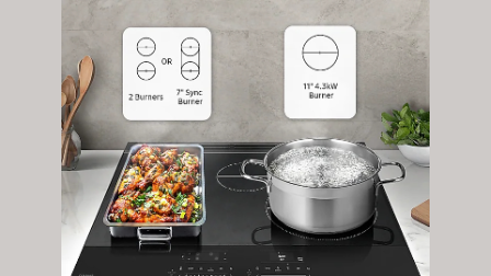 Samsung induction cooktop with boiling pot and baking pan demonstrating precise heating zones: two burners, Wi-Fi/Sync Burner, and 11-inch MAX burner with fast, even cooking.