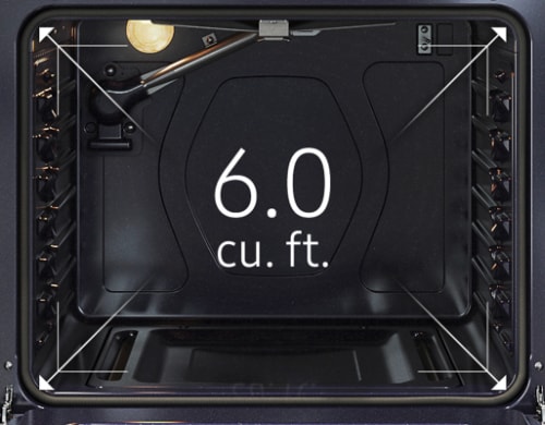 Top-down view of Samsung range oven interior showing 6.0 cubic feet capacity with diagonal arrows indicating spacious dimensions and convection fan visible on back wall.