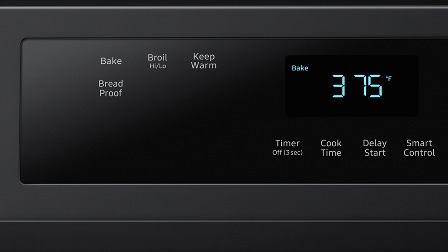 Samsung range digital control panel displaying 375°F with preset buttons for Bake, Broil Hi/Lo, Keep Warm, Bread Proof, Timer, Cook Time, Delay Start, and Smart Control.