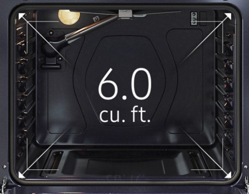 Top-down view of Samsung range oven interior displaying 6.0 cubic feet capacity with diagonal arrows indicating spacious dimensions and convection fan on back wall