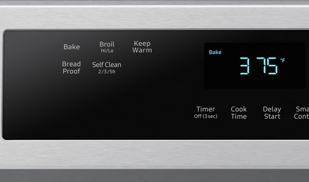 Samsung range digital control panel showing 375°F temperature with buttons for Bake, Broil, Keep Warm, Bread Proof, Self Clean, Timer, Cook Time, Delay Start, and Smart Control