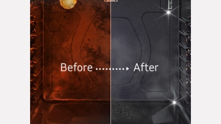 Before and after comparison of Samsung range oven interior showing self-cleaning feature transforming heavily soiled brown oven to sparkling clean finish