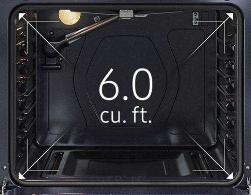 Top-down view of Samsung range oven interior displaying 6.0 cubic feet capacity with diagonal arrows indicating spacious dimensions and convection fan on back wall