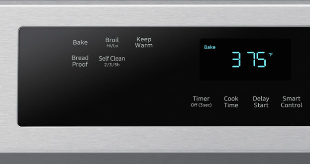 Samsung range digital control panel showing 375°F temperature with buttons for Bake, Broil, Keep Warm, Bread Proof, Self Clean, Timer, Cook Time, Delay Start, and Smart Control