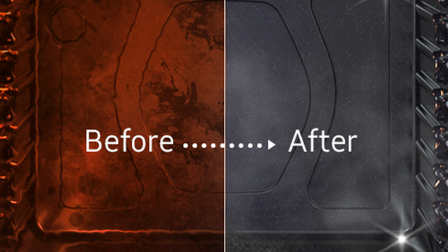 Before and after comparison of Samsung range oven interior showing self-cleaning feature transforming heavily soiled brown oven to sparkling clean dark finish