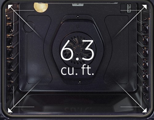 Top-down view of Samsung range oven interior displaying 6.3 cubic feet capacity with diagonal arrows indicating spacious dimensions and convection fan on back wall.