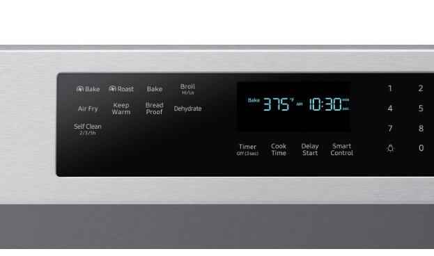 Samsung range control panel showing digital display with 375°F and 10:30 time, featuring buttons for bake, broil, air fry, warming, self-clean, timer, cook time, delay start, and smart control.