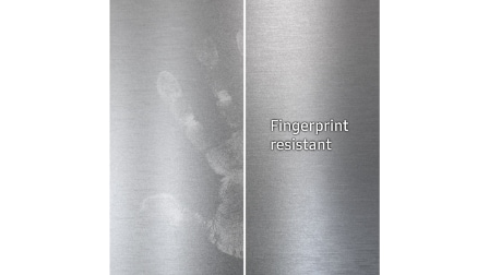 Side-by-side comparison of stainless steel surface showing fingerprints and smudges on left versus clean fingerprint-resistant finish on right.