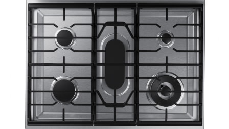 Top-down view of Samsung gas range cooktop with five sealed burners in varying sizes arranged on porcelain-coated continuous cast-iron grates.