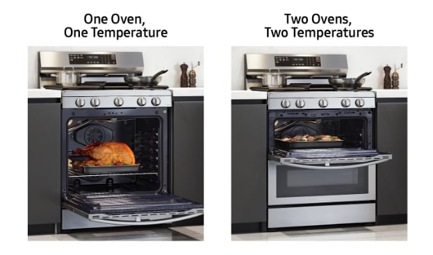 Side-by-side comparison showing Samsung double oven range cooking turkey in main oven and cookies in second oven simultaneously at different temperatures.