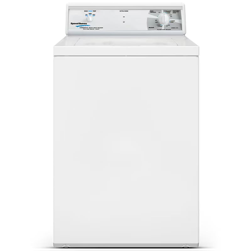 Speed Queen TV2000WN white top load washer with stainless steel tub and rotary knobs, designed for commercial use.