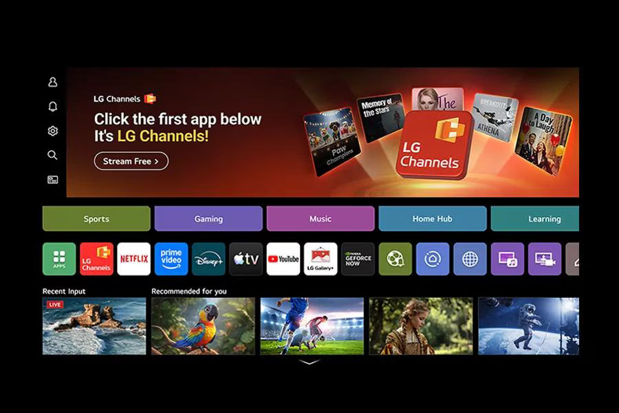 LG TV webOS home screen showing LG Channels, streaming apps including Netflix, Prime Video, Disney+, Apple TV, YouTube, and category tabs for Sports, Gaming, Music, and more.