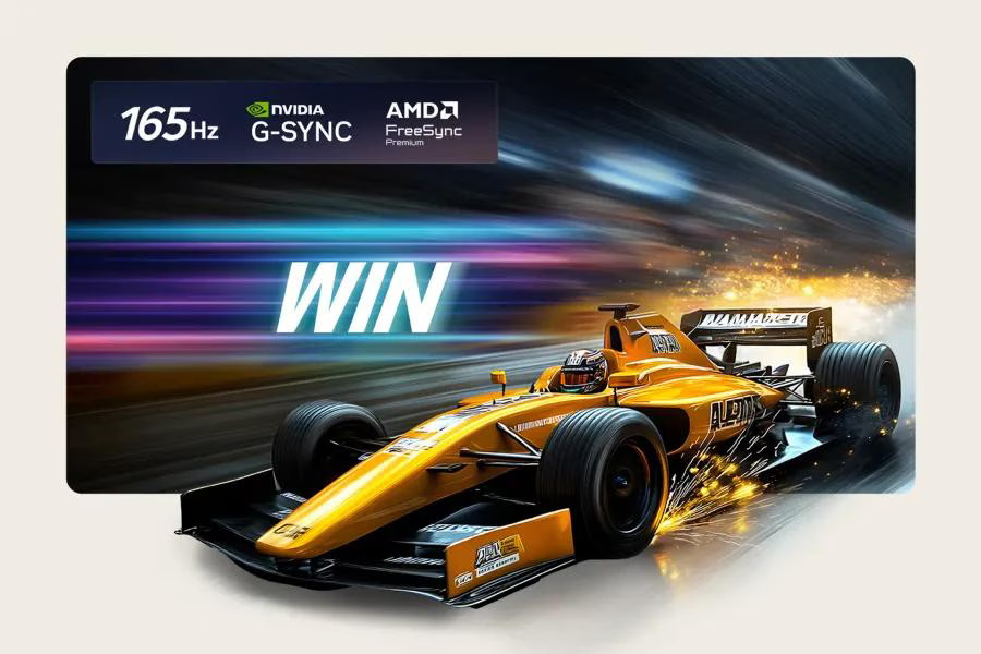 TV screen displaying a racing car with motion blur, highlighting 165Hz refresh rate, NVIDIA G-SYNC, and AMD FreeSync Premium gaming features.