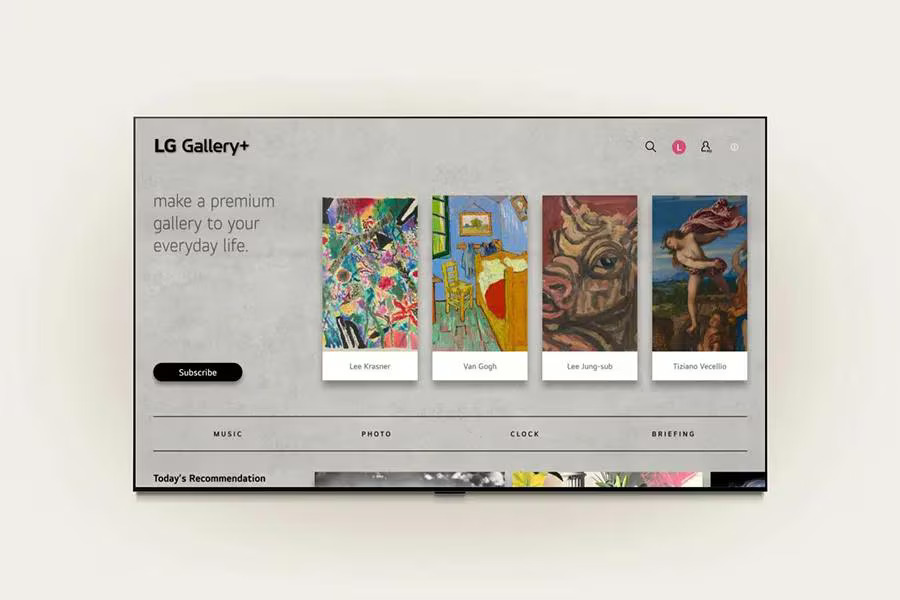 LG TV displaying the LG Gallery+ app interface showcasing fine art collections by Lee Krasner, Van Gogh, Lee Jung-sub, and Tiziano Vecellio.