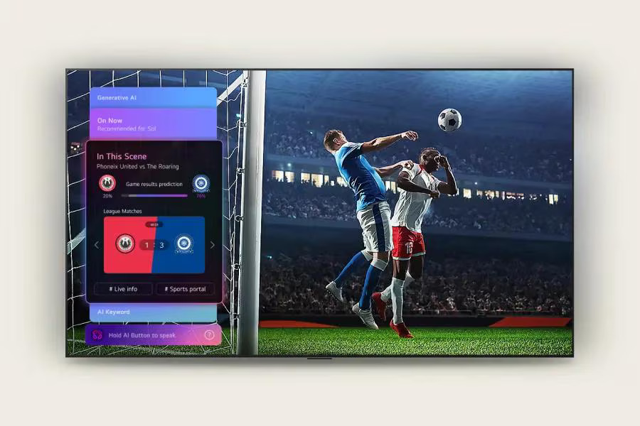 LG TV displaying a live soccer match alongside a Generative AI sidebar showing real-time game predictions, scores, and sports info via AI Keyword search.