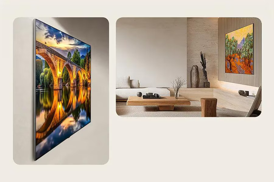 LG OLED G6 TV mounted flush against the wall with the supplied Flush Wall Mount, sitting just millimeters from the surface like a framed piece of art.