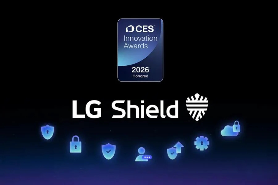 LG Shield security platform graphic for the OLED G6, with icons representing privacy, encryption, and cybersecurity protection features.