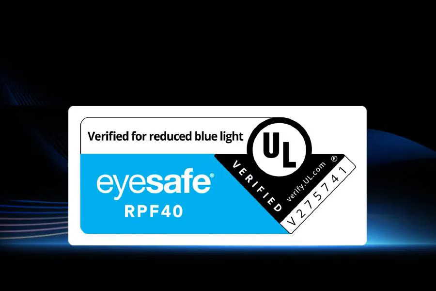LG OLED G6 eye care graphic showing reduced blue light certification, designed to minimize eye strain during extended viewing.
