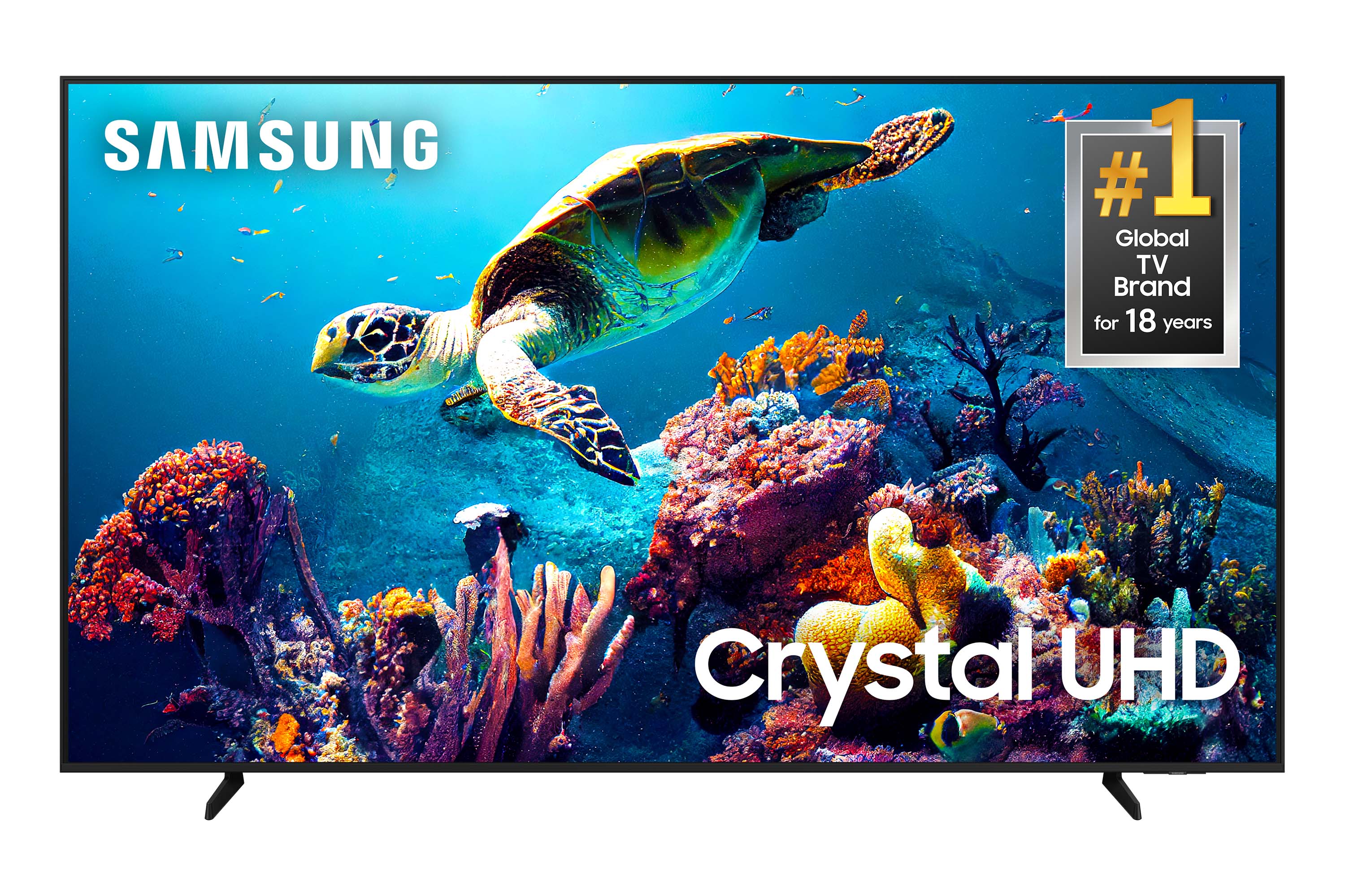 Samsung TV model UN65DU6900, front facing view showing Number One Global TV Brand for 18 years brand