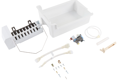 Whirlpool Refrigerator ice maker replacement kit with white ice maker assembly, water valve, tubing, wire harness, mounting hardware, and installation components displayed on white background.
