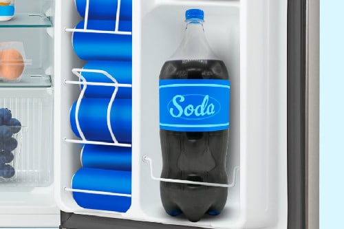 Close-up of refrigerator door shelf holding 2-liter soda bottle, demonstrating tall bottle storage capacity and adjustable shelving in compact design.