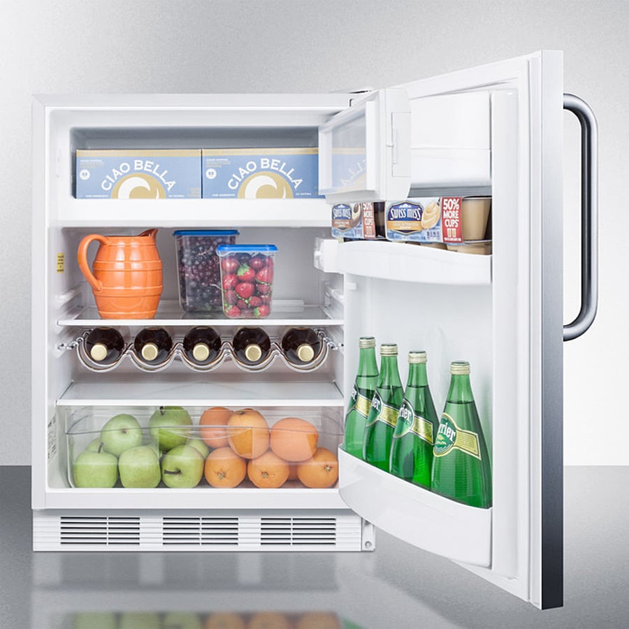 Summit Refrigerator model CT661WCSS, door open showing fully stocked interior