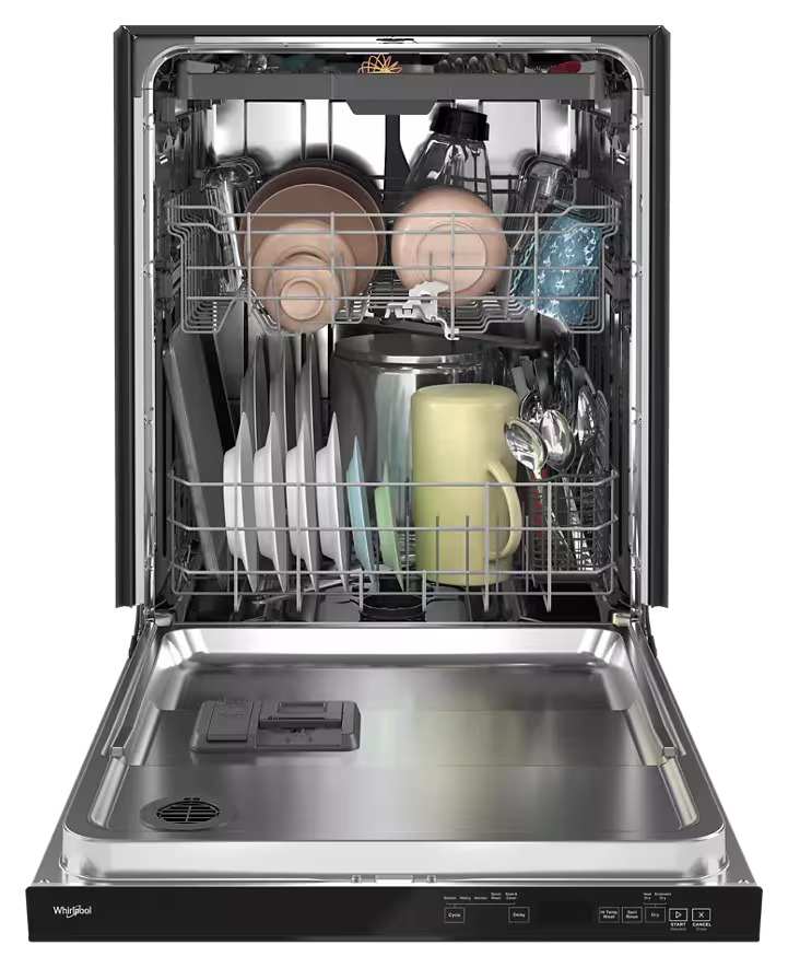 Interior view of the Whirlpool WDTA50SAKB dishwasher showing rack configuration and place settings capacity.