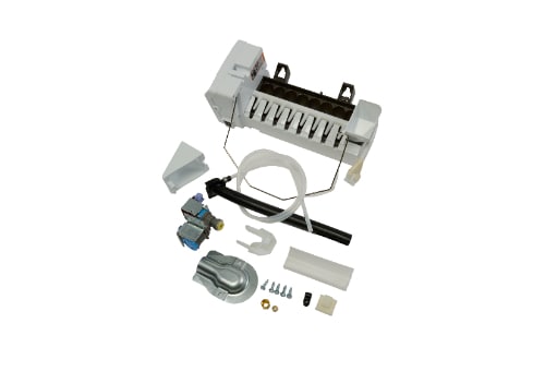 Whirlpool refrigerator ice maker replacement kit with white ice maker assembly, water valve, tubing, wire harness, mounting hardware, and installation components displayed on white background.