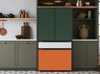 Samsung Bespoke Refrigerator with Orange Freezer Drawer, White Center Drawer, and Dark Green French Doors