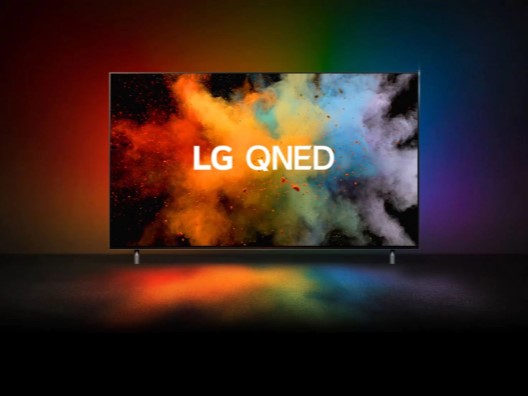 LG QNED TV with Rainbow-Colored Powder Bursting Onscreen