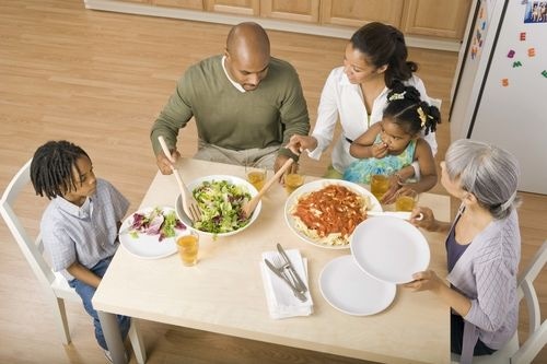 Family eating around dinner table 