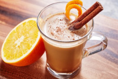 Citrus Cafe au Lait in Mug with Cinnamon Stick and Orange Peel