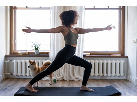 Woman Doing Yoga at Home with Dog Standing Nearby