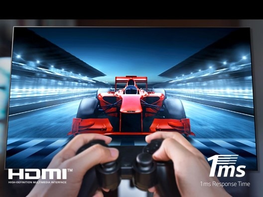 Race Car Game Being Played on a TV with a Hand Holding a Controller in Foreground