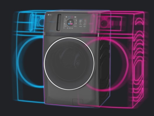 GE Profile Ultrafast Combo Laundry Machine with neon echo effect in blue on left and pink on right