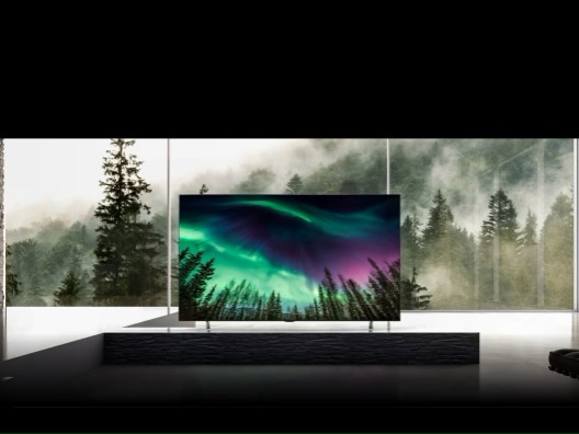 LG QNED TV Displaying an Aurora In Front Of a Window Wall Overlooking Pine Trees